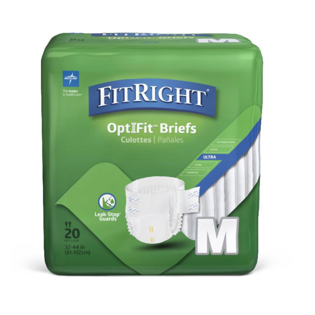 The green package of FitRight Unisex Ultra Incontinence Briefs in size M (32-44 inches) includes Leak-Stop Guards and Maximum absorbency via 4D Core technology, featuring a blue and white design image.